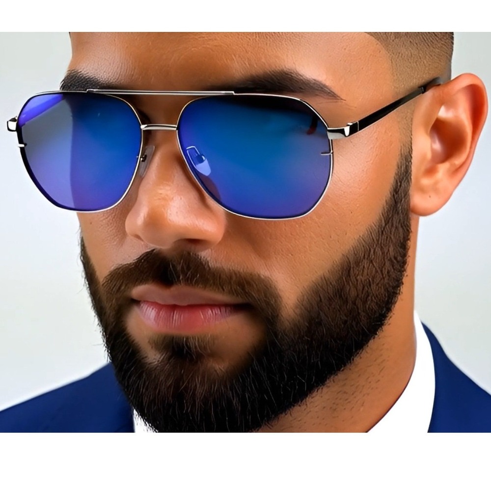 Blue Mirror Flat Lens Sunglasses Gold Frame UV400‎ Protection Men Shades Gafas